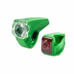 Messingschlager M-WAVE LED-Lampenset Rücklicht Frontlicht Silikon Universalhalterung Akku USB 25 Lux Grün