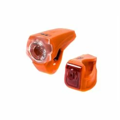 Messingschlager M-WAVE LED-Lampenset Rücklicht Frontlicht Silikon Universalhalterung Akku USB 25 Lux Orange